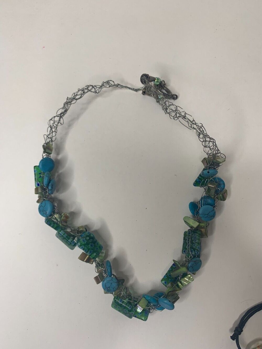 Turquoise & Green Beads Necklace 20" Silver Wire Toggle Clasp